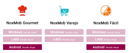 Tela mostrando os três produtos da Nox e uma lista com seus respectivos instaladores baseado no sistema operacional.
